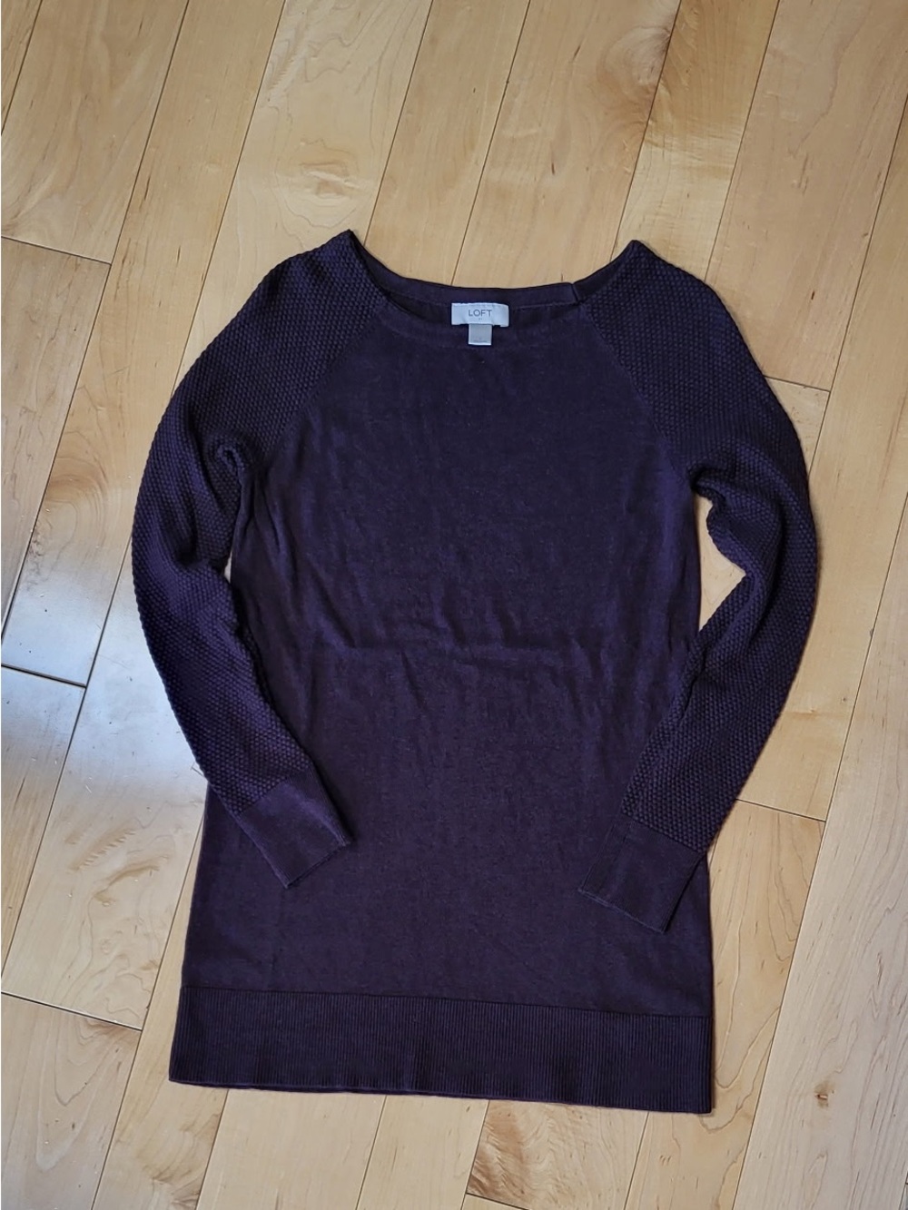 LOFT Plum Crewneck Sweater with Textured Sleeves